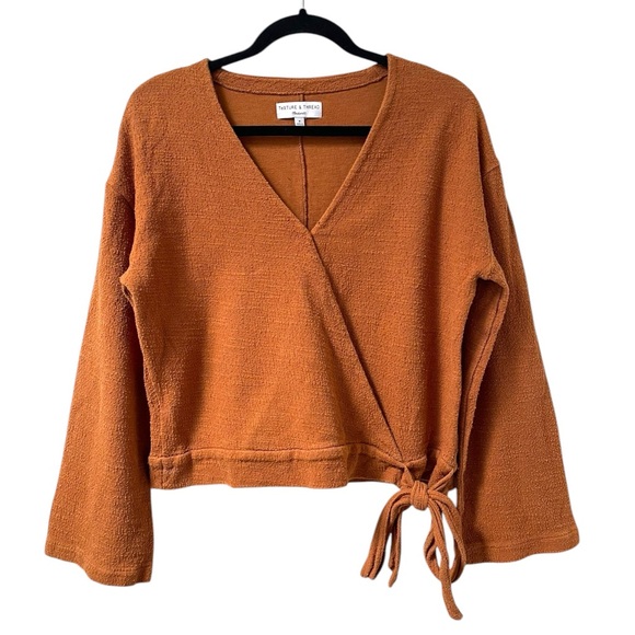 Madewell Tops - Madewell Texture & Thread Faux Wrap Tie Waist V Neck Bell Sleeve Top Burnt Cedar